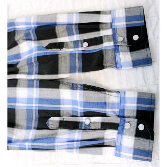 Coevals Club Men Sz L Plaid Western Shirt Pearl Snap Button Blue Black White - Picture 8 of 11